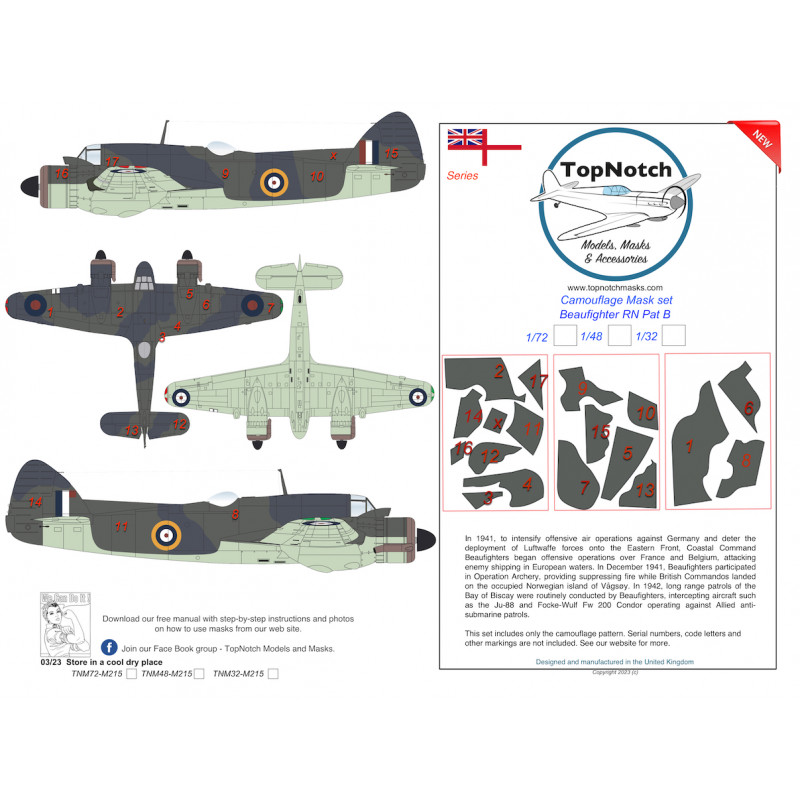 Bristol Beaufighter Royal Navy Pattern B camouflage pattern paint masks (designed to be used with