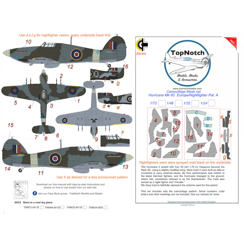 Hawker Hurricane Mk.IIC/Nightfighter Europe Pattern A Camouflage pattern paint masks (designed to