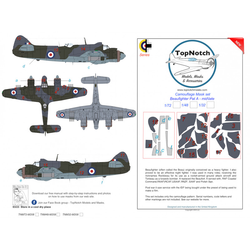 Bristol Beaufighter Mid/Late Pattern A camouflage pattern paint masks (designed to be used with