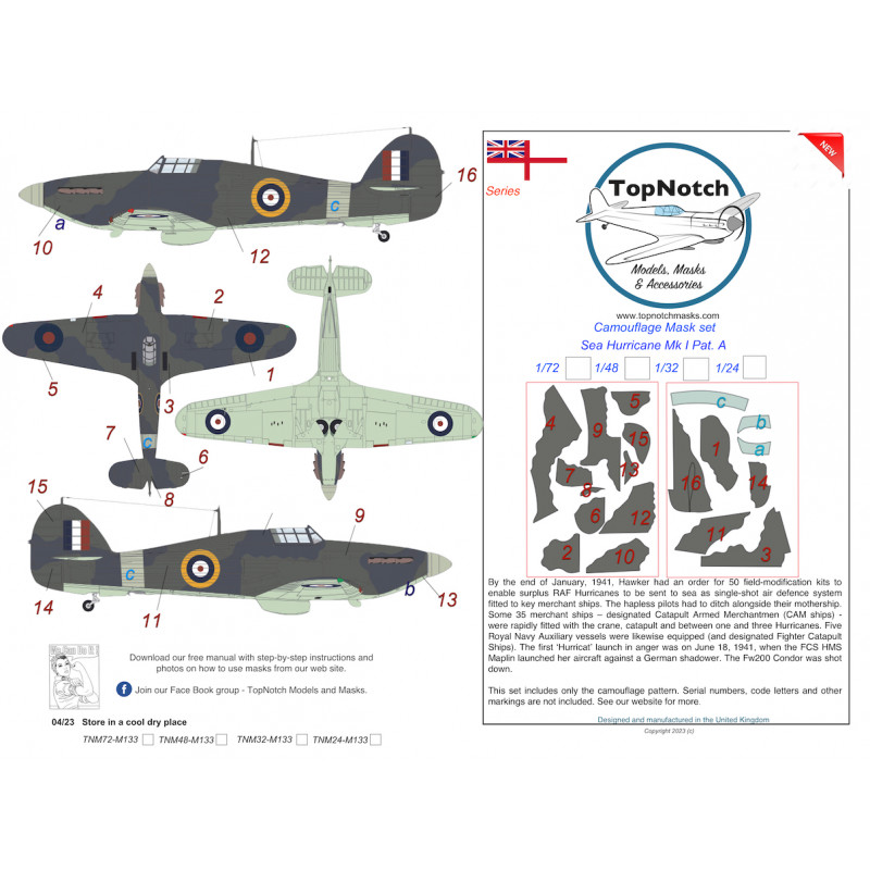 Hawker Sea Hurricane - Mk.I Pattern A Camouflage pattern paint masks (designed to