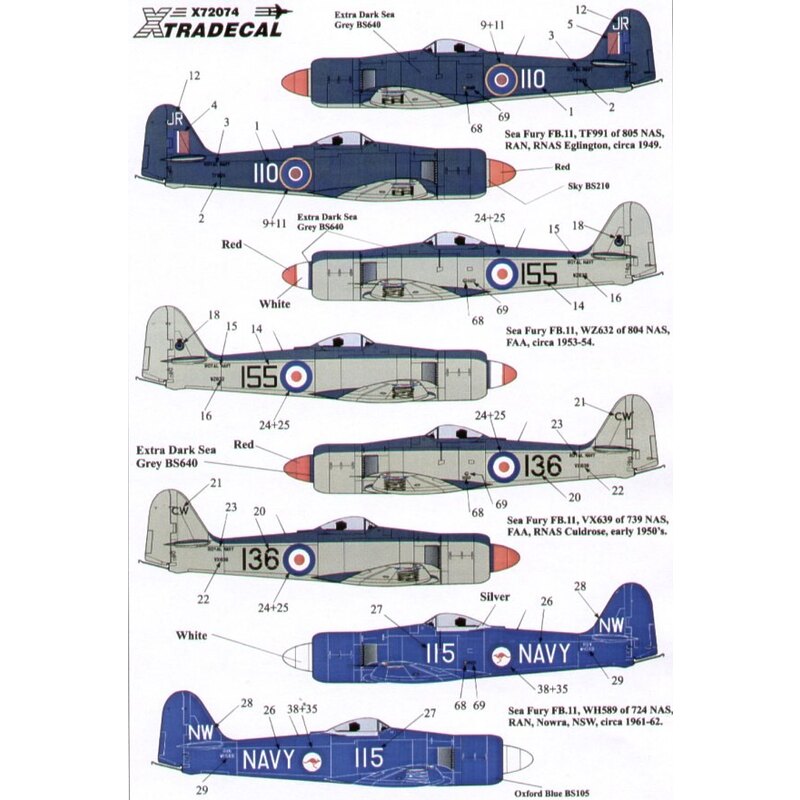 Décal Hawker Sea Fury FB11 (8) FAA WZ632/155 804 NAS VX639/136/CW 739 NAS Culdrose Royal Australian Navy TF991/110/JR 805 NAS RN