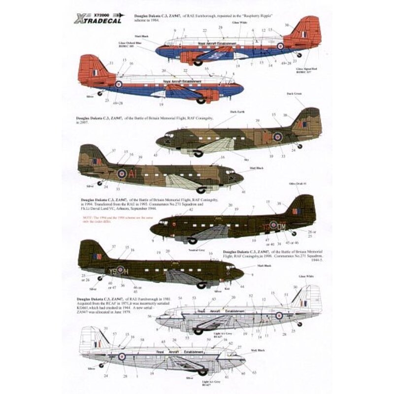 Décal Douglas C-47 Dakota the History of ZA947 with the Royal Aircraft Establishment and Batle of Brittain Memorial Flight (5). 