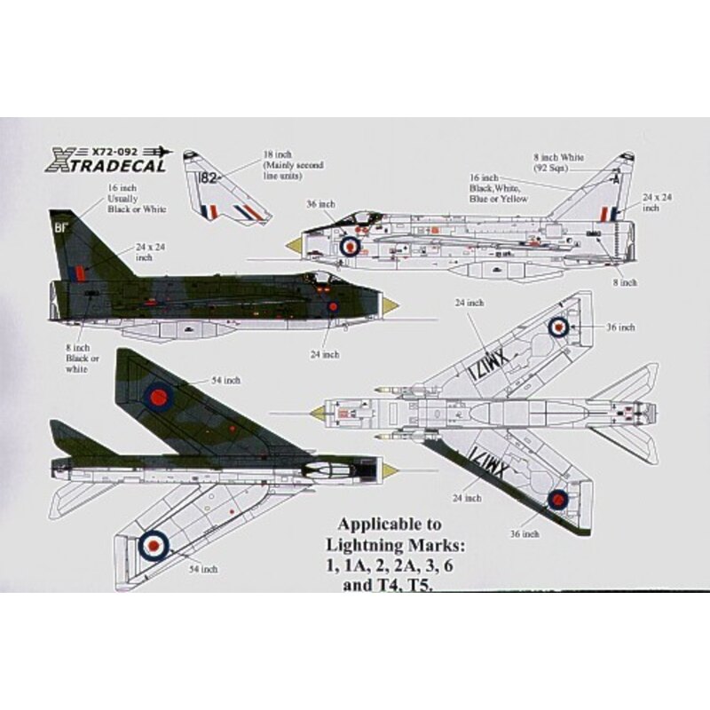 Décal BAC/EE Lightning Customising decal. Includes underwing and fuselage serial letters and numbers fin code letters in black w