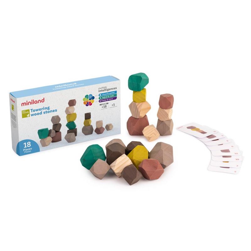 ML Eco: PIERRES à EMPILER 5,5cm, bois, 18 formes et 16 cartes d'exemple, 18m+