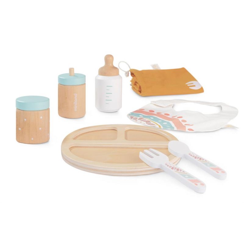 ML Poupées: KIT REPAS pour poupées, en bois, 7 pièces, assiette 14cm, avec sac de transport, 3+