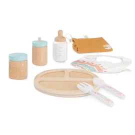 ML Poupées: KIT REPAS pour poupées, en bois, 7 pièces, assiette 14cm, avec sac de transport, 3+