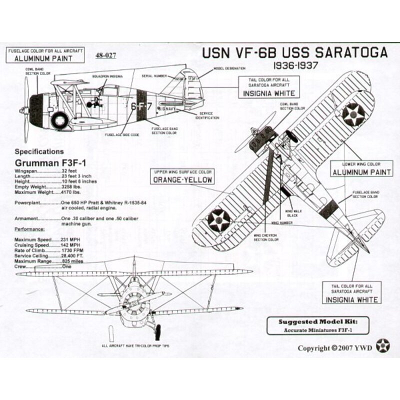 Décal Grumman F3F-1 1936/37 12 section Leaders aircraft and 24 Wingmen from VF-5B USS Ranger and VF-6B USS Saratoga