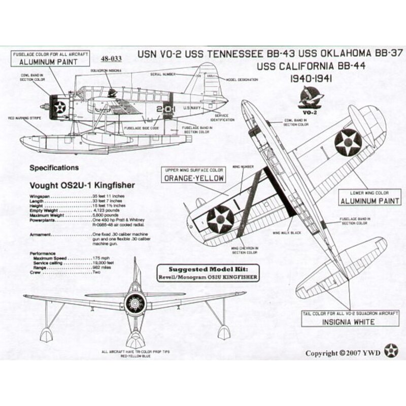 Décal Vought OS2U-1 Kingfisher. 1940/41 9 plane Squadron including Wingmen from VO-1 USS Arizona USS Nevada and USS Pennsylvania