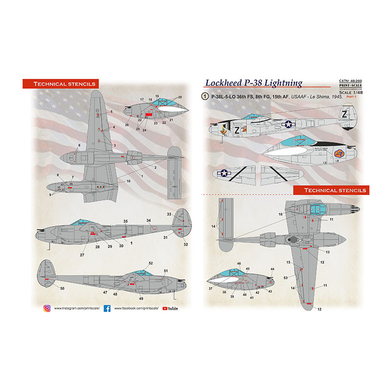 Décal Lockheed P-38 Lightning in Bare Metal Part P-38L-5-LO 36th FS, 8th FG, 15th AF, USAAF - Le Shima, 1945.