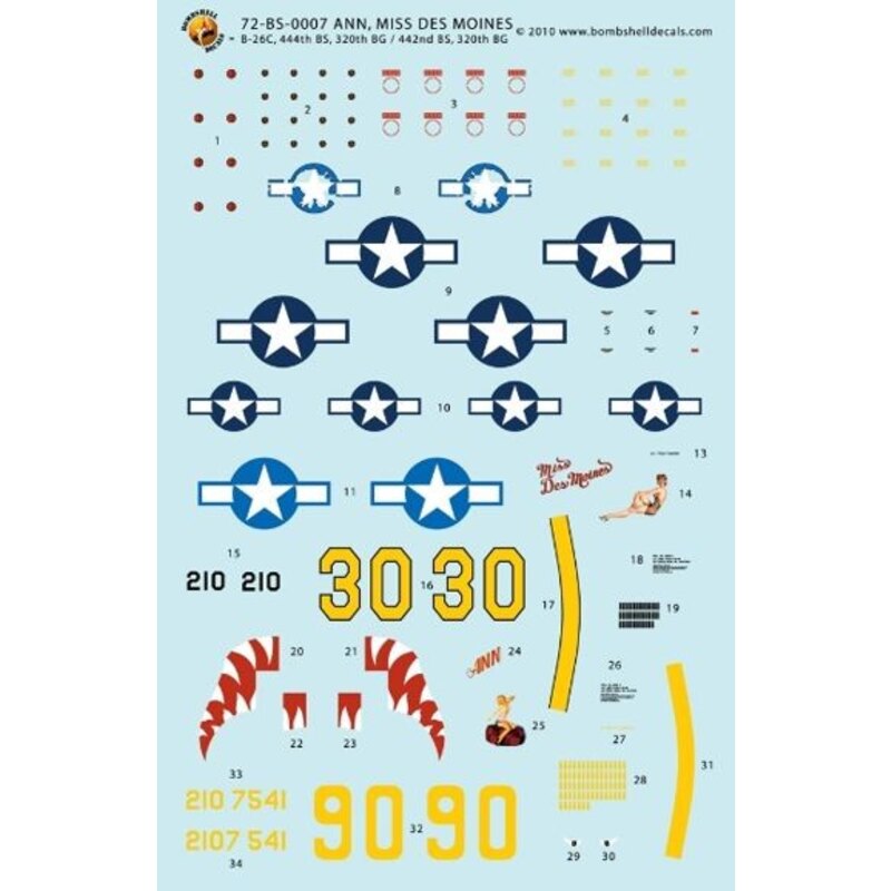 Décal Martin B-26C Marauder Ann and Miss Des Moines. 44th BS, 320th BG/442nd BS, 320th BG