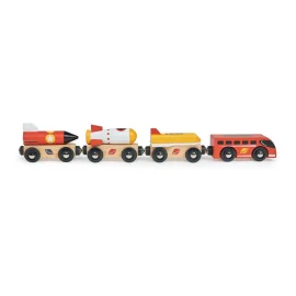 Mentari Set de Train: TRAIN ESPACE 35x4x5,5cm, avec locomotive et trois wagons, avec fusées amovibles, magnétiques, en bois, en 