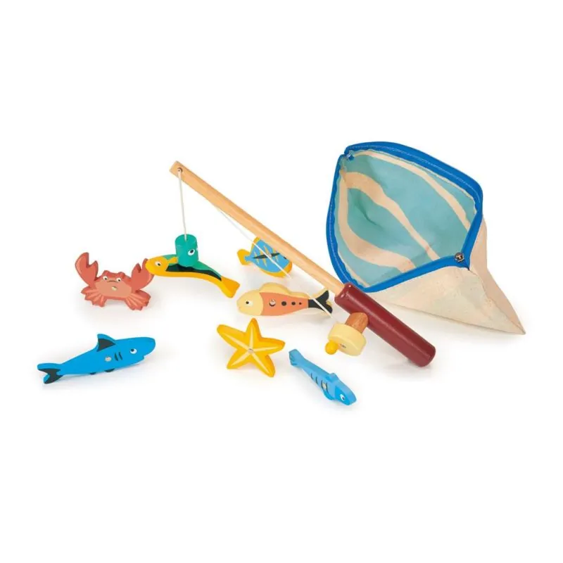 Mentari Bambino: JEU DE PÊCHE 27,5x9x5,5cm, avec canne à pêche en bois et 7 créatures marines magnétiques, dans une trousse zipp