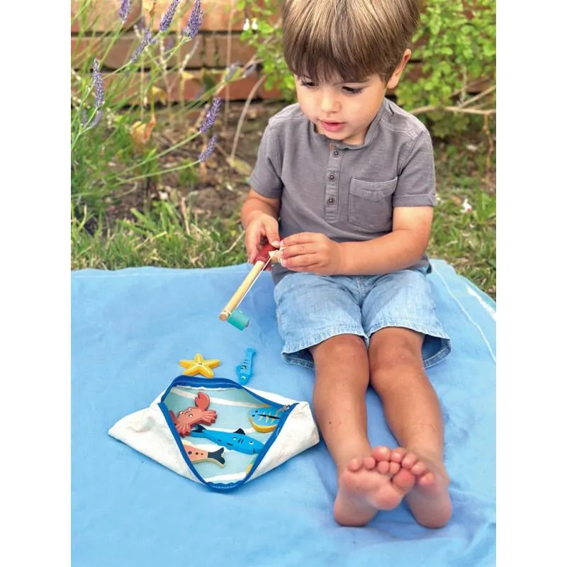 Mentari Bambino: JEU DE PÊCHE 27,5x9x5,5cm, avec canne à pêche en bois et 7 créatures marines magnétiques, dans une trousse zipp