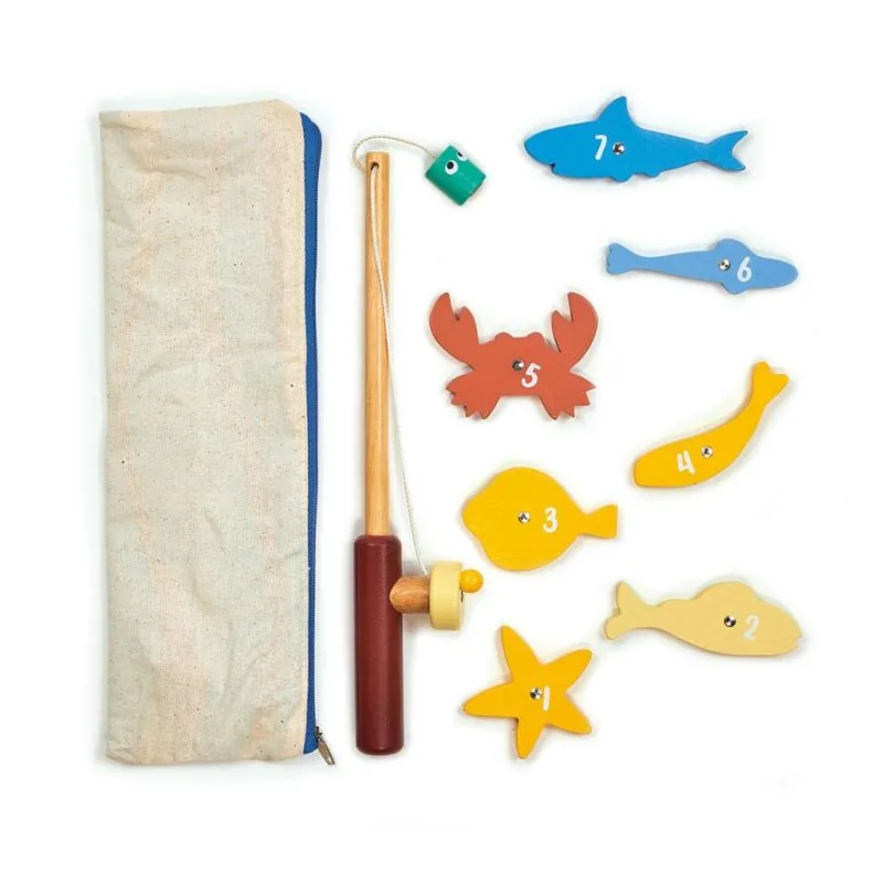 Mentari Bambino: JEU DE PÊCHE 27,5x9x5,5cm, avec canne à pêche en bois et 7 créatures marines magnétiques, dans une trousse zipp