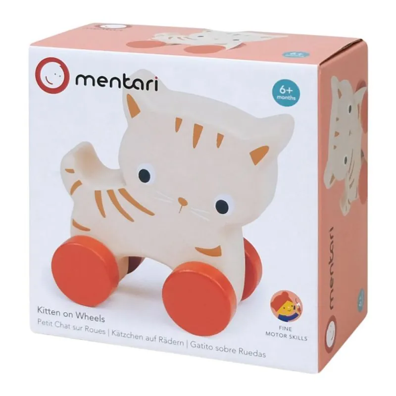 Mentari Bambino: CHAT SUR ROUES 11x5,5x10,5cm, en bois, en boîte, 6m+