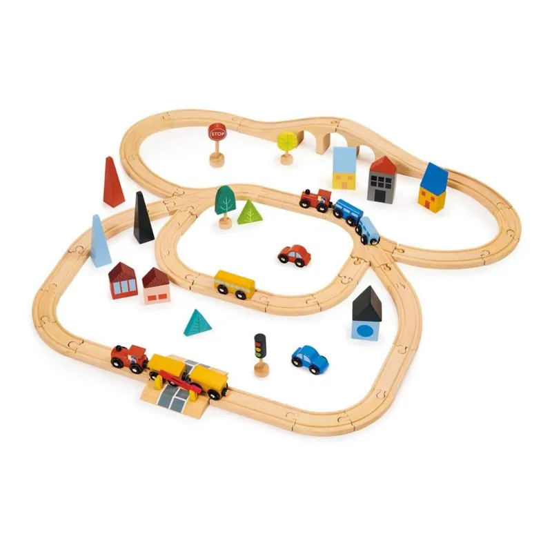 Mentari Set de Train: SET DE TRAIN DE LA VILLE 80x82,5x10,5cm, en bois, en boîte, 3+