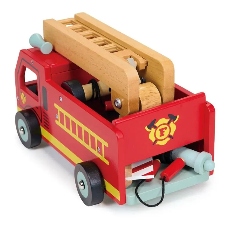 Mentari Véhicules: CAMION DE POMPIERS 22,5x13,5x13cm, avec accessoires, en bois, en boîte, 3+