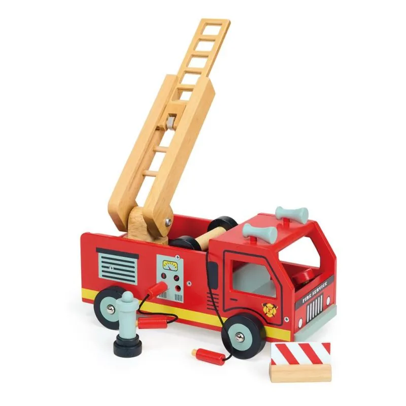 Mentari Véhicules: CAMION DE POMPIERS 22,5x13,5x13cm, avec accessoires, en bois, en boîte, 3+