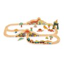 Mentari Set de Train: SET DE TRAIN DINOSAURES 95x61,5x13cm, en bois, en boîte, 3+