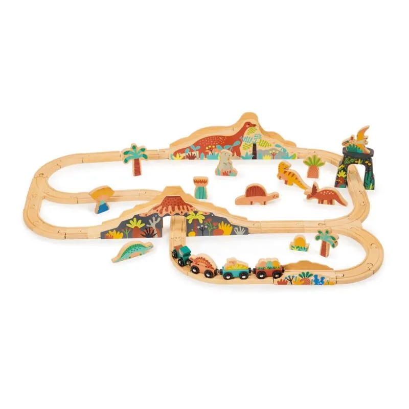 Mentari Set de Train: SET DE TRAIN DINOSAURES 95x61,5x13cm, en bois, en boîte, 3+