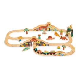 Mentari Set de Train: SET DE TRAIN DINOSAURES 95x61,5x13cm, en bois, en boîte, 3+