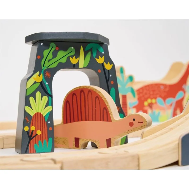 Mentari Set de Train: SET DE TRAIN DINOSAURES 95x61,5x13cm, en bois, en boîte, 3+