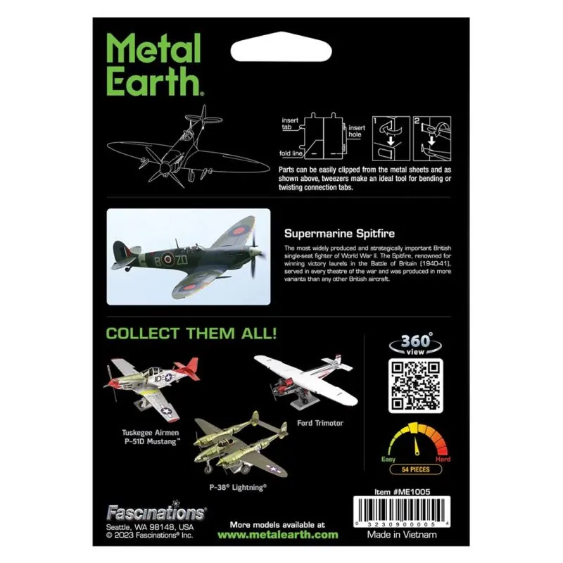 MetalEarth Aviation: SUPERMARINE SPITFIRE 14,5x12x4,5cm, maquette 3D en métal avec 2 feuilles, sur carte 12x17cm, 14+