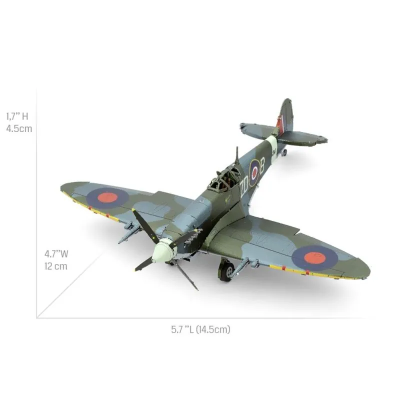 MetalEarth Aviation: SUPERMARINE SPITFIRE 14,5x12x4,5cm, maquette 3D en métal avec 2 feuilles, sur carte 12x17cm, 14+