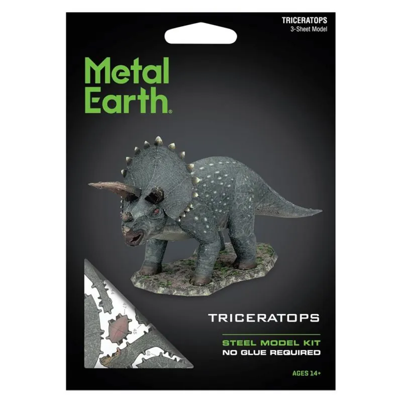 MetalEarth Dinosaures: TRICERATOPS 13,2x7,8x2,4cm, maquette 3D en métal avec 3 feuilles, sur carte 12x17cm, 14+