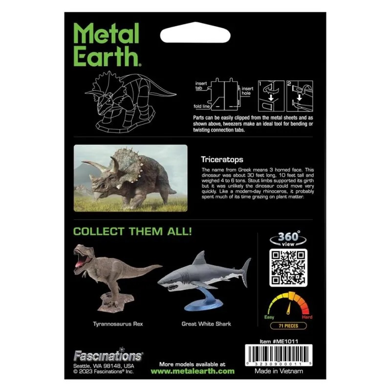 MetalEarth Dinosaures: TRICERATOPS 13,2x7,8x2,4cm, maquette 3D en métal avec 3 feuilles, sur carte 12x17cm, 14+