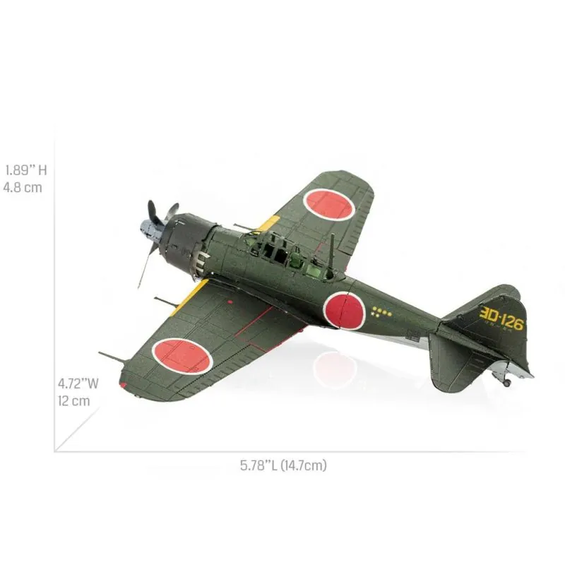 MetalEarth Aviation: MITSUBISHI ZERO 14,7x4,8x12cm, maquette 3D en métal avec 2 feuilles, sur carte 12x17cm, 14+