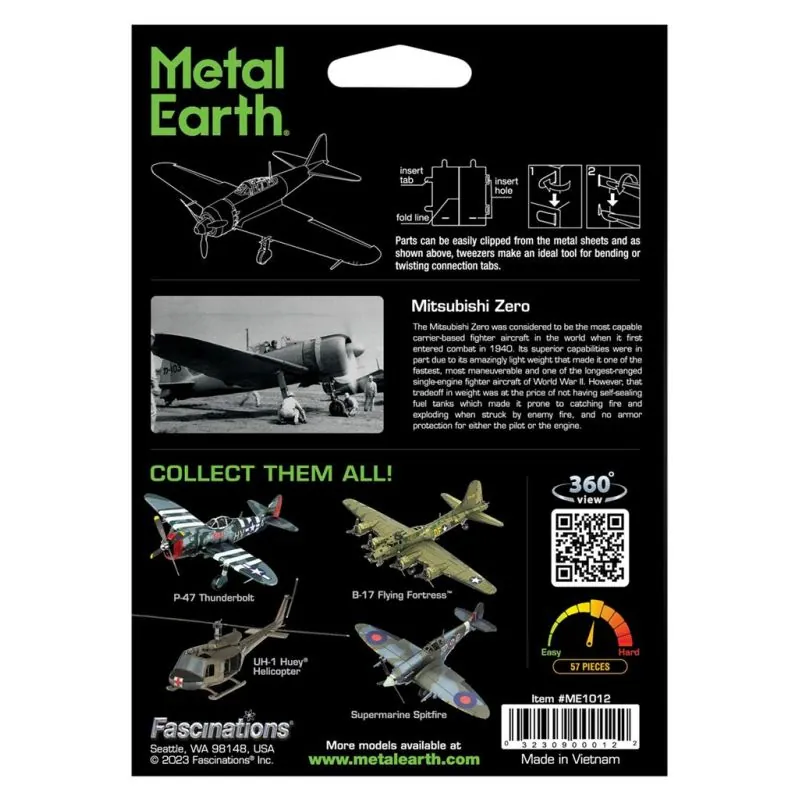 MetalEarth Aviation: MITSUBISHI ZERO 14,7x4,8x12cm, maquette 3D en métal avec 2 feuilles, sur carte 12x17cm, 14+