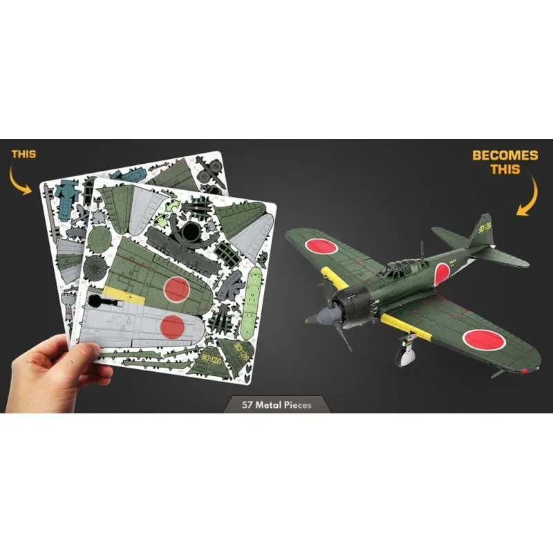 MetalEarth Aviation: MITSUBISHI ZERO 14,7x4,8x12cm, maquette 3D en métal avec 2 feuilles, sur carte 12x17cm, 14+