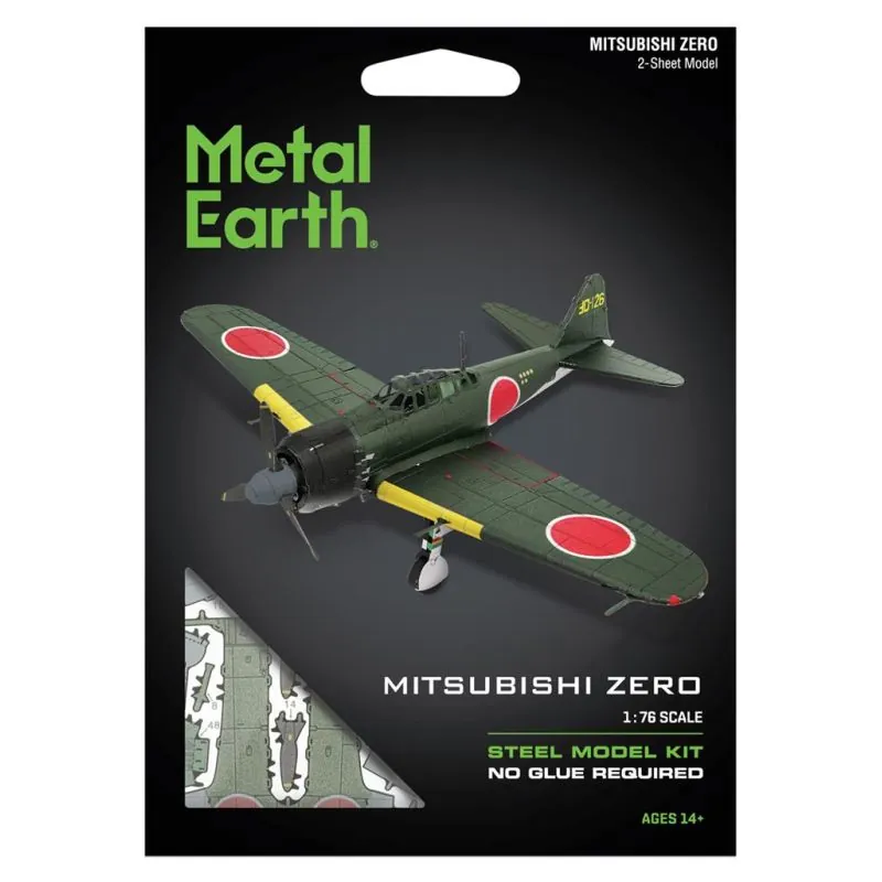 MetalEarth Aviation: MITSUBISHI ZERO 14,7x4,8x12cm, maquette 3D en métal avec 2 feuilles, sur carte 12x17cm, 14+