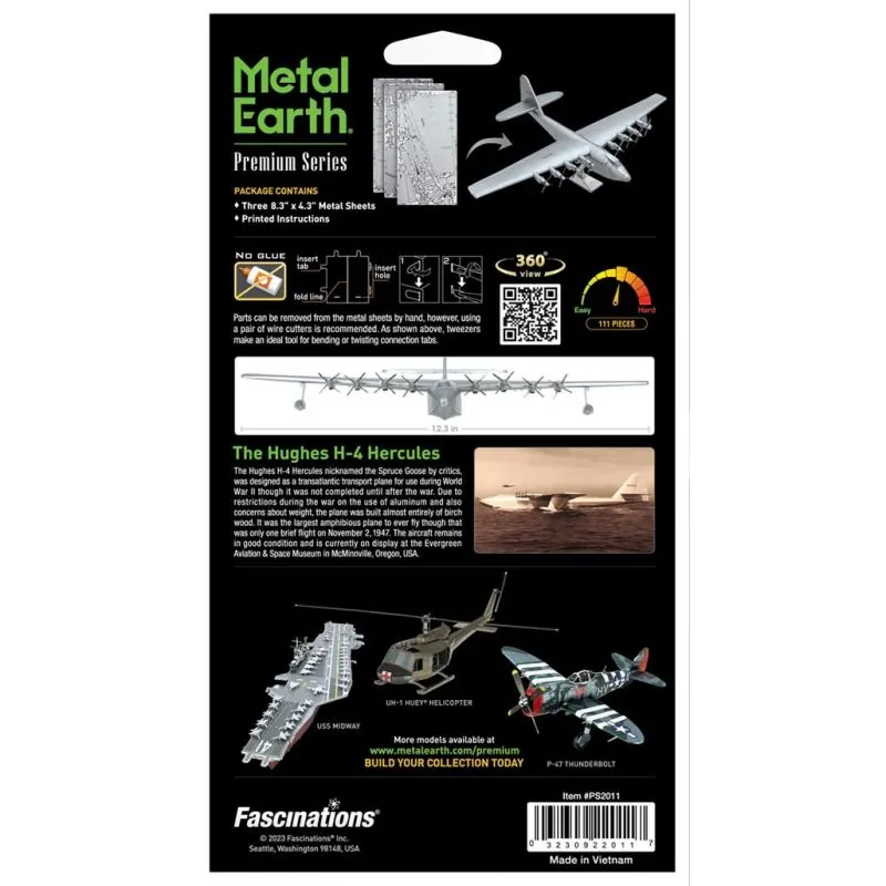 MetalEarth: PREMIUM SERIES - THE SPRUCE GOOSE 32x21,5x9,5cm, maquette 3D en métal avec 3 feuilles, en boîte 13,5x22x2cm, 14+