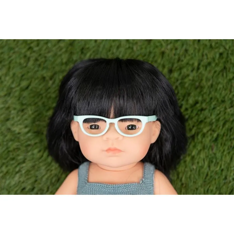 ML Poupées: POUPÉE FILLE ASIATIQUE avec LUNETTES 38cm, avec barboteuse grise, parfumée vanille, imperméable, poupée sexuée, en r