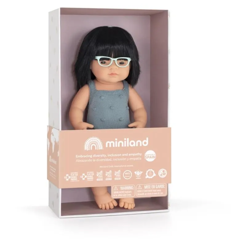 ML Poupées: POUPÉE FILLE ASIATIQUE avec LUNETTES 38cm, avec barboteuse grise, parfumée vanille, imperméable, poupée sexuée, en r