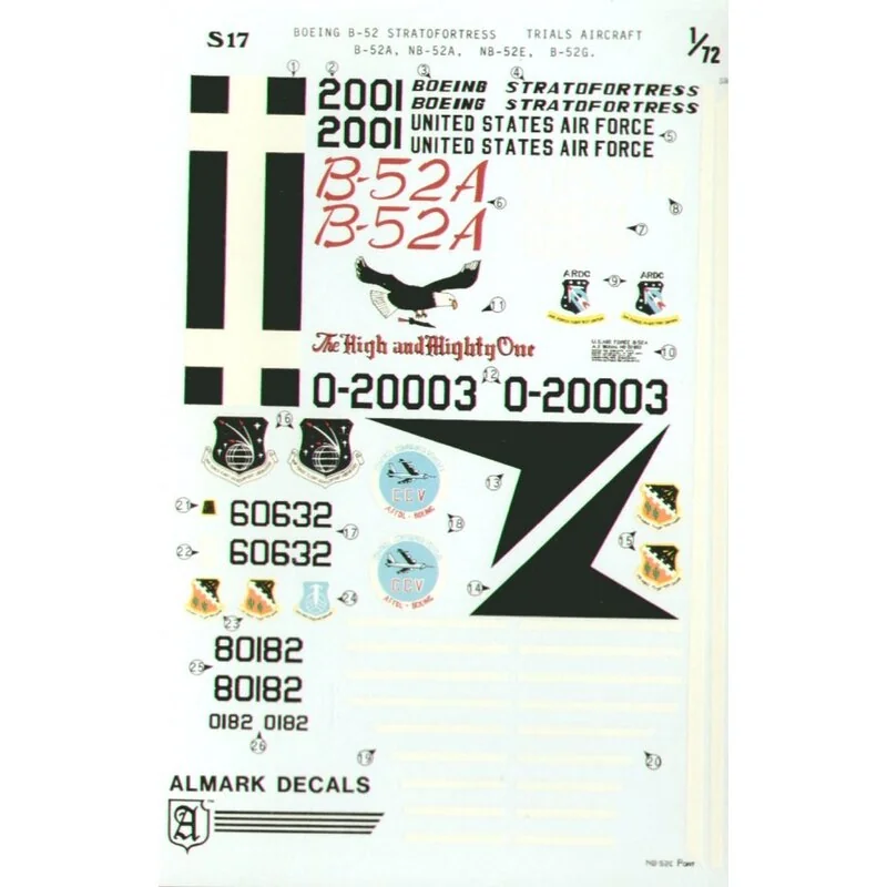 Décal Boeing B-52 Stratofortress Trials Aircraft (4) Boeing B-52A 52-001 used for flight test of Boeing B-52G tail and engines 1
