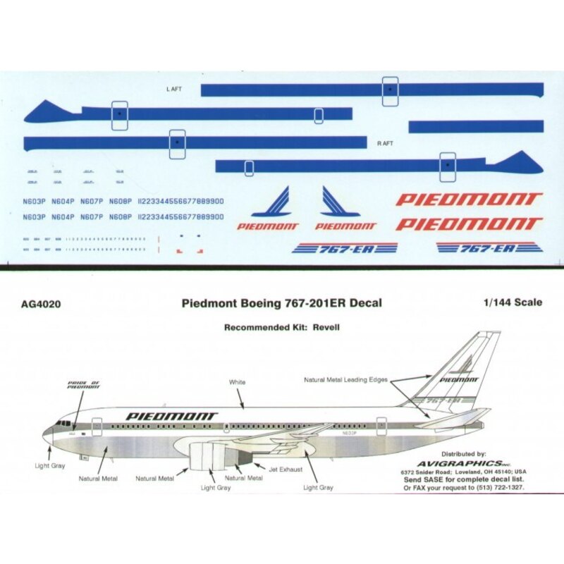 Décal Boeing 767-201 PIEDMONT N603/4/7/8 Last colours