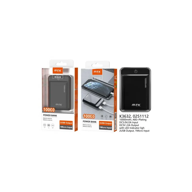 Power Bank 10000mAh - 2 USB + 1 MicroUSB + Led - K3632 - Noir