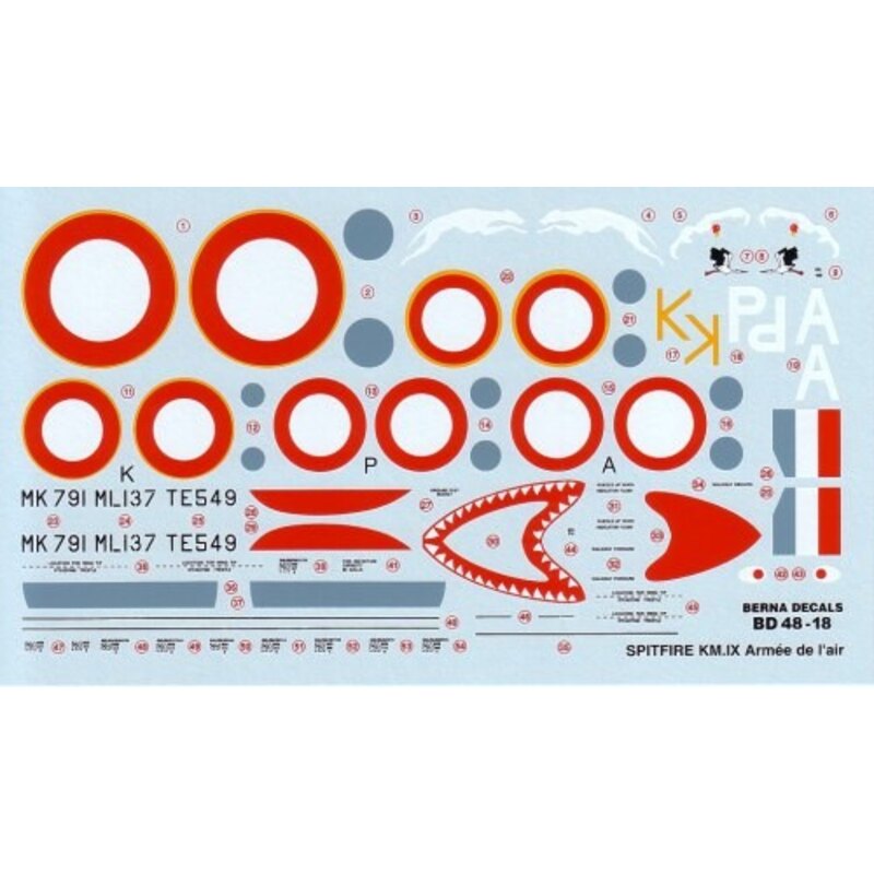 Décal Supermarine Spitfire LF Mk.IX (3) TE549/A GC 1/4 Dauphine Nha-Trang 1947 MK791/K GC 1/4 Dauphine Hanoi 1948 ML137/P GC 2/4