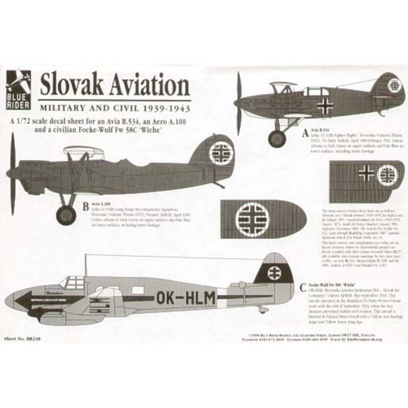 Décal Slovak Aviation (3) Aer A.100 1940 Avia B-534 1940/41 Focke Wulf Fw 58C OK-HLM 1943