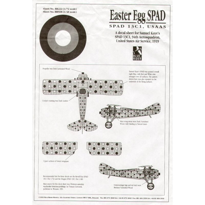 Décal SPAD 13C (1) 94th Aerosquadron 1919 Samuel Kayes 'Easter Egg' SPAD. Overall light blue with red and white dots