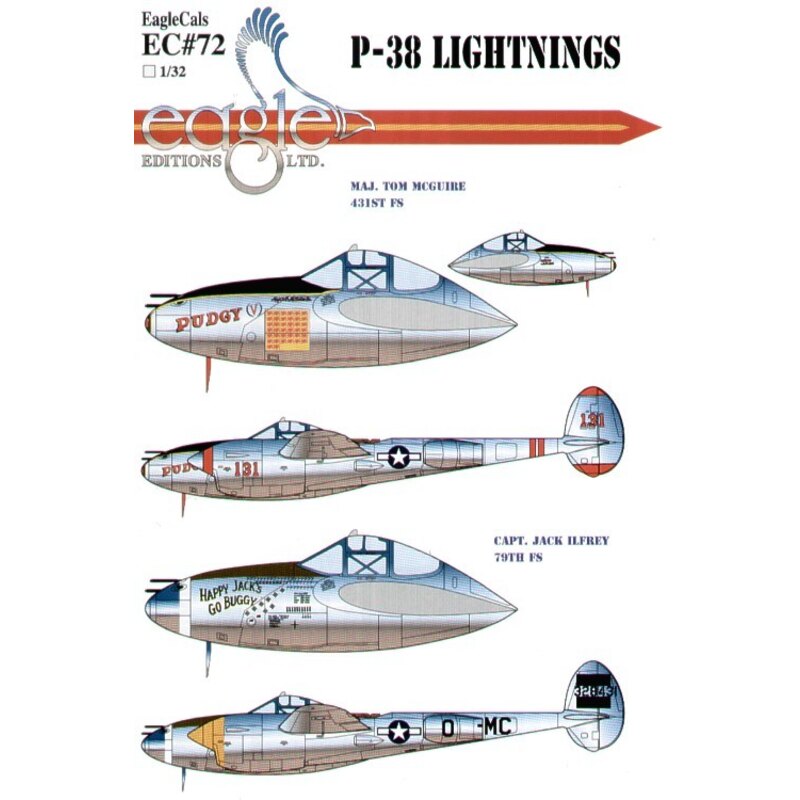 Décal Lockheed P-38J/L Lightning (2) 44-24155/131 431FS Maj Thomas McGuire Pudgy V 43-28431 MC-O 79FS Capt Jack Ilfrey Happy Jac