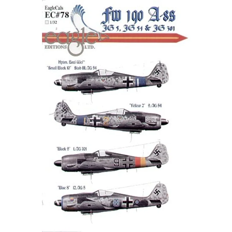 Décal Focke Wulf Fw 190A-8 (4) Small Black 10 Hptm Robert Weiss StabIII/JG54 Yellow 2 9/JG54 Both blue Reich Defence Bands Blue 