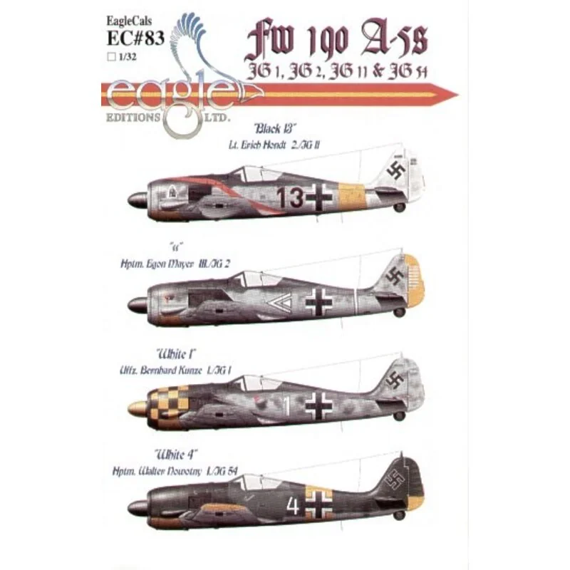 Décal Focke Wulf Fw 190A-5 (4) Black 13 2/JG11 Lt Erich Hondt Staffelkapitan white fin and rudder yellow fuselage band red stri