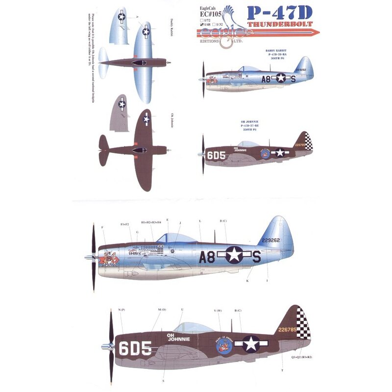 Décal Republic P-47D Thunderbolt Pt 2 (2) 42-29262 A8-S 391st FS/366th FG Capt Neil Stanley `Daddy Rabbit' 42-26785 No 605 Lt Ra