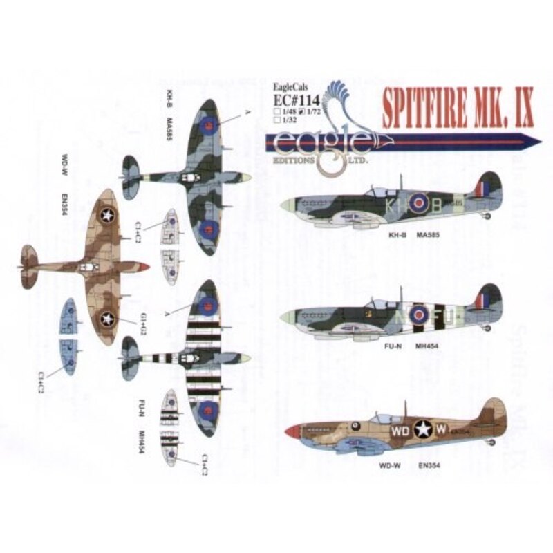 Décal Supermarine Spitfire Mk.IX (3) MA585 KH-B 403 Sqn RCAF P/O Buzz Beurling EN354 WD-W 52nd FG Lt Leonard V. Helton N.Africa 