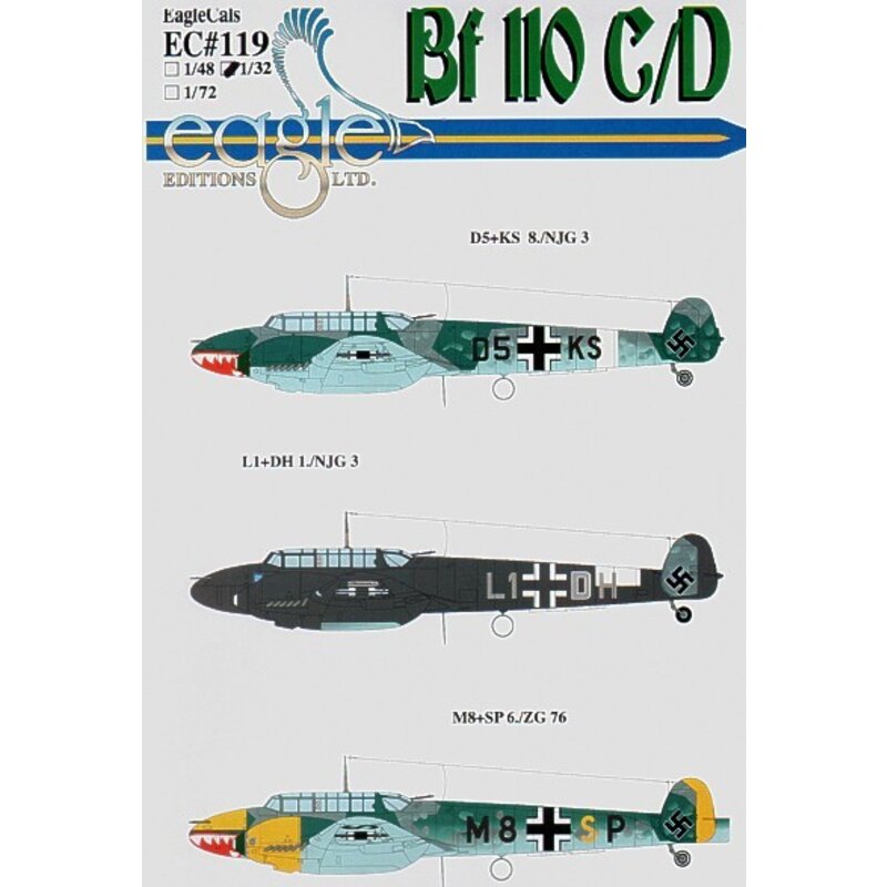 Décal Messerschmitt Bf 110C/D Pt 3 (3) D5+KS 8./NJG 3 shark mouth M8+SP 6./ZG76 shark mouth yellow nose engine nacelles rudders.