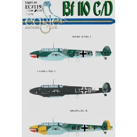 Décal Messerschmitt Bf 110C/D Pt 3 (3) D5+KS 8./NJG 3 shark mouth M8+SP 6./ZG76 shark mouth yellow nose engine nacelles rudders.